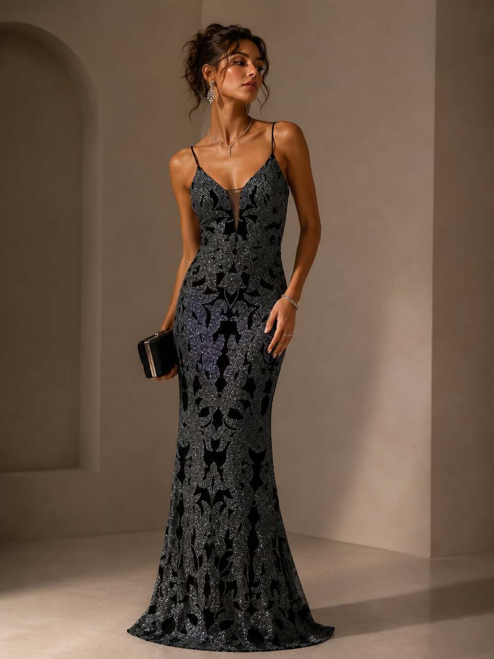 B&A Betsy & Adam Black Silver Glitter Mermaid Evening Gown Witchy Formal Dress 6